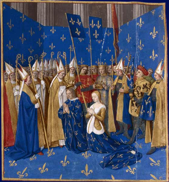 Коронация Людовика VIII и Бланки Кастильской. Миниатюра из Больших французских хроник 13 век