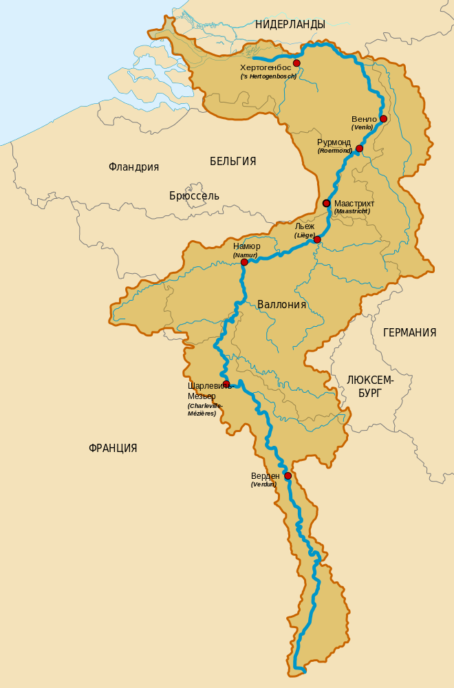 Течение реки Маас на карте Европы