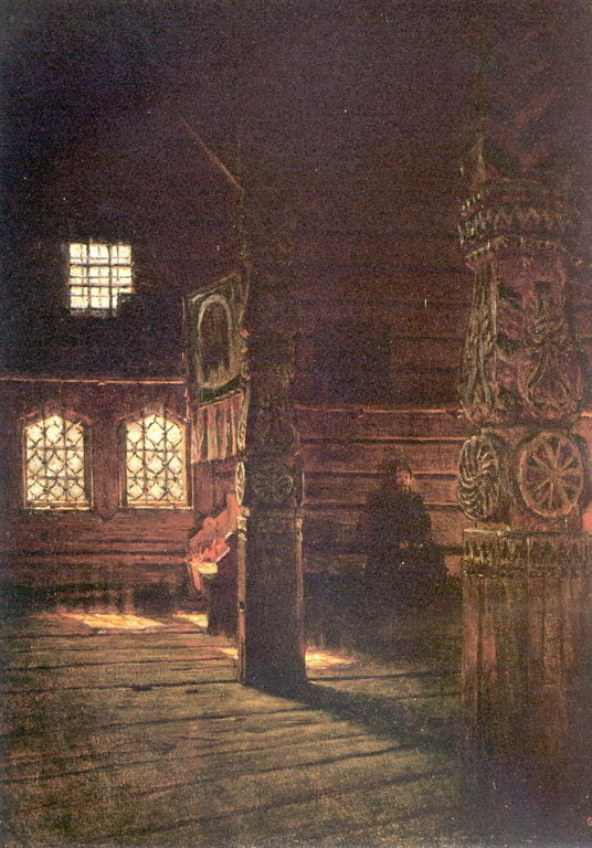 Внутренний вид деревянной церкви Петра и Павла в Пучуге. этюд
