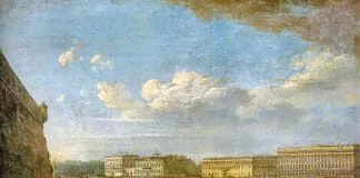 Вид Дворцовой набережной от Петропавловской крепости, 1794.Федор Алексеев