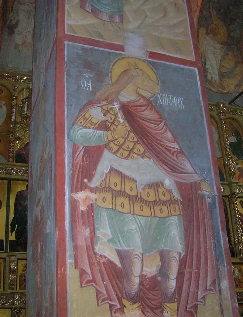 Святой Христофор с лошадиной головой. Фреска, 1561, Успенский собор, о. Свияжск